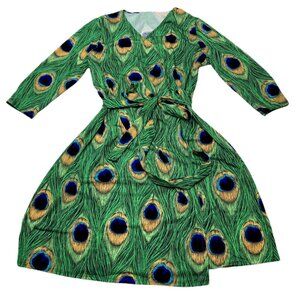 NEW w/ Tags Lularoe Michelle Wrap Dress Green Peacock Feathers Print NWT
